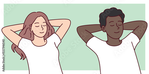 Young dakr skinned man and woman of different backgrounds lie side by side with eyes closed, hands behind head. Represents harmony, inclusivity, and peaceful emotional bond