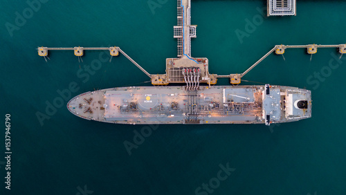 Wallpaper Mural Aerial view of an LNG tanker docked at an offshore terminal with multiple pipelines, storage tanks, and an industrial complex. Captures global energy logistics Torontodigital.ca