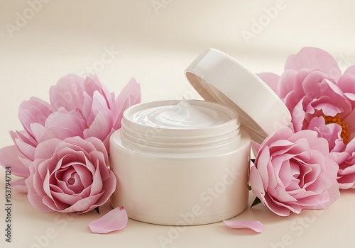 Luxury Skincare Design: Round Cream Jar with Open Lid and Pink Blossoms