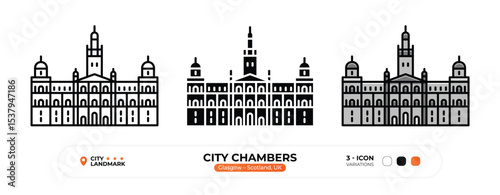 City Chambers, Line Icon. Glasgow, Scotland, UK, Landmark, Silhouette, Color Vector, Editable Stroke.