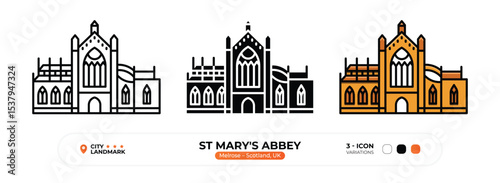 St Mary's Abbey, Line Icon. Melrose, Scotland, UK, Landmark, Silhouette, Color Vector, Editable Stroke.