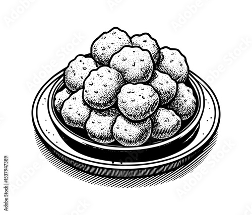 Vintage engraving style food vector illustration plate of meatballs