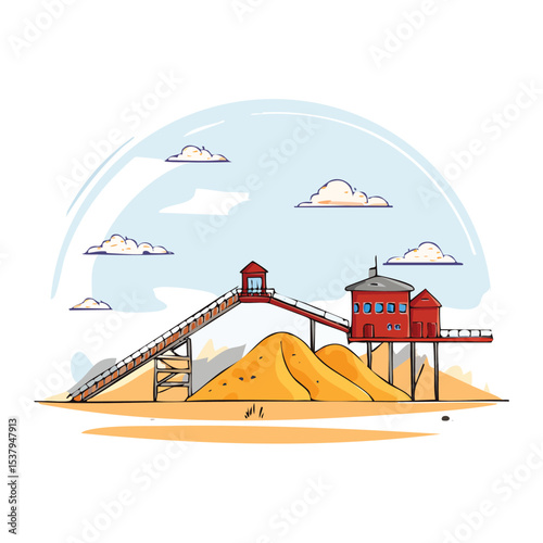 Industrial Sand Quarry Banner with Belt Conveyor and Open Pit Mining Construction Scene