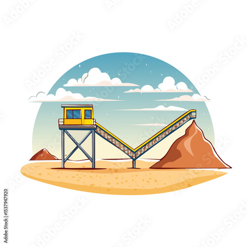 Industrial Sand Quarry Banner with Belt Conveyor and Open Pit Mining Construction Scene
