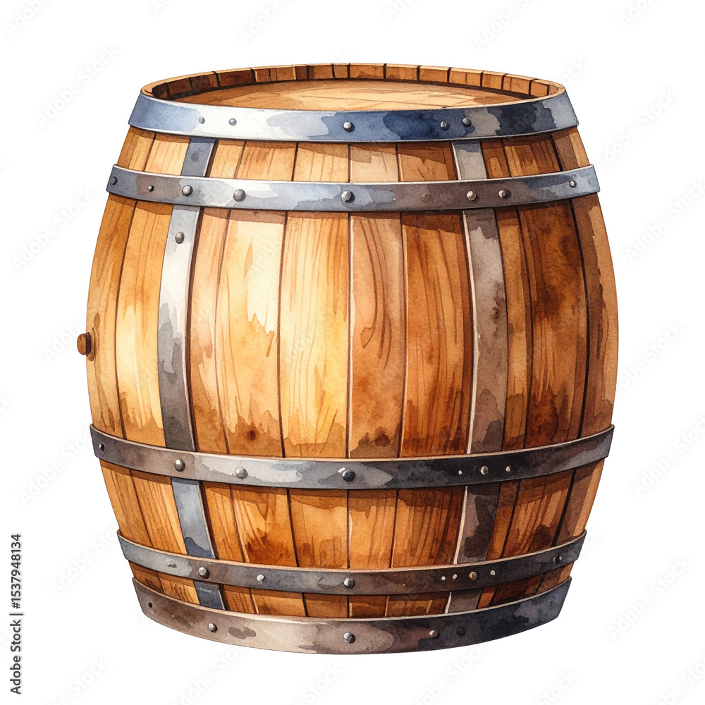 Fototapeta premium A rustic wooden barrel with prominent metal hoops, rendered in a watercolor style. Ideal for themes of storage, aging, or traditional beverages.