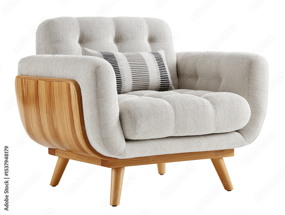 Fototapeta premium Scandinavian armchair with light fabric and wooden frame isolated on transparent background 