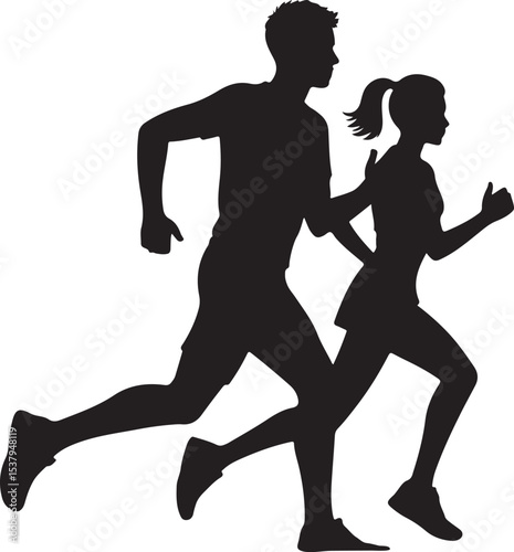 Running man and woman black silhouette isolated vector illustration. Running couple, jogging couple.