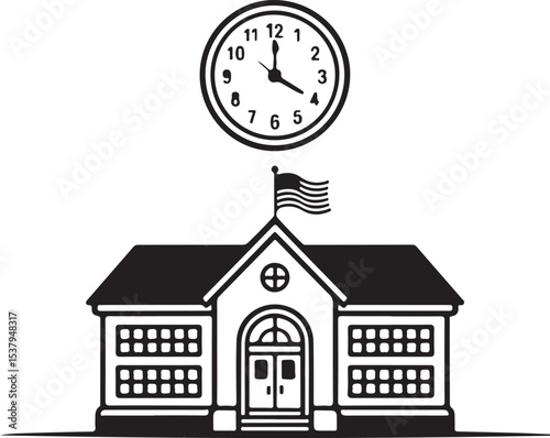 School building with clock and flag flat icon for apps and websites