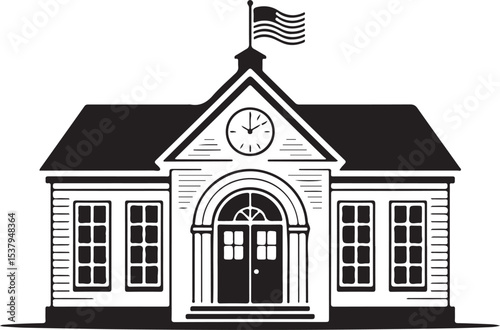 School building with clock and flag flat icon for apps and websites