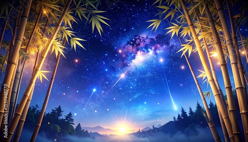 天の川と笹の葉と七夕を感じさせる背景画像   Generated by AI	