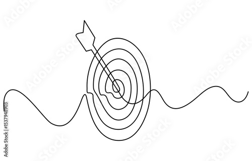 Target with an arrow hitting the center, one continuous line illustration. Continuous line drawing of archery target with arrow. Concept of archery or reaching the goal in business. Vector.