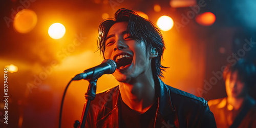 A passionate singer belts out a song, illuminated by vibrant stage lights.