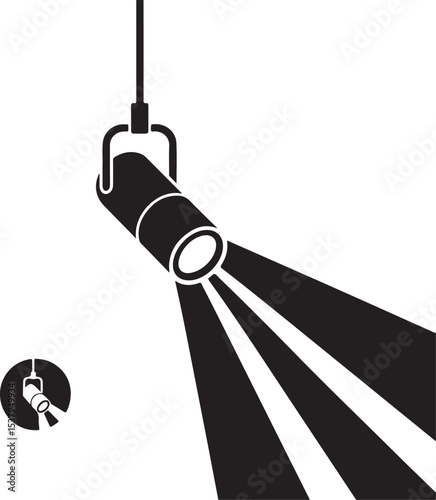 Spotlight black silhouette icon with light scattered rays
