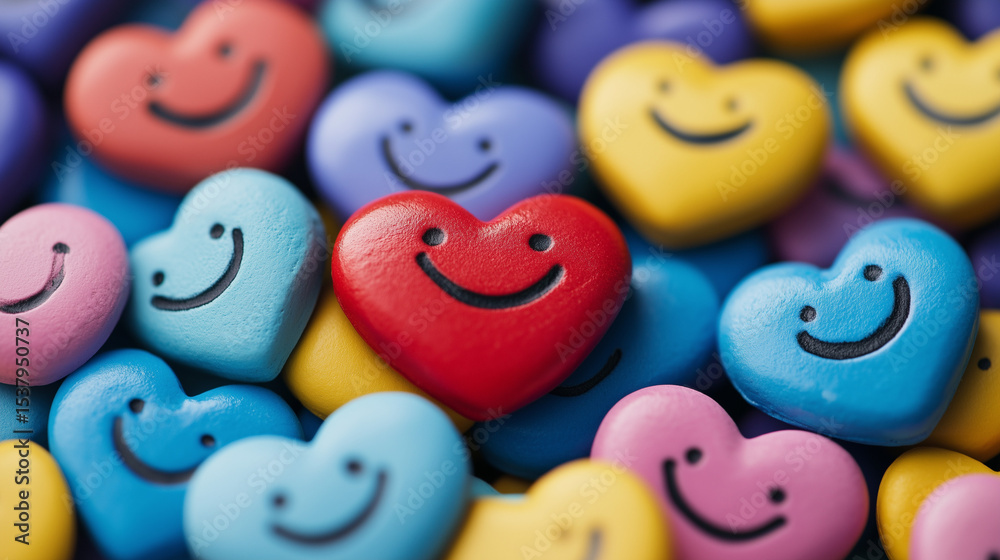 Fototapeta premium A colorful array of smiling heart shapes, representing happiness and diversity. 