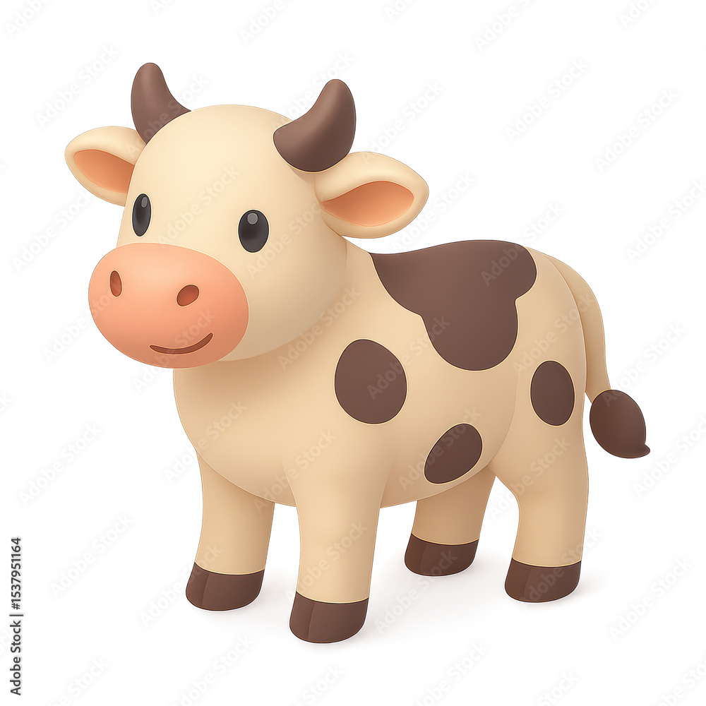Fototapeta premium Cute Cartoon Cow with Brown Spots Standing Against Warm Brown Background