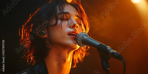 A captivating close-up of a male singer passionately performing on stage.