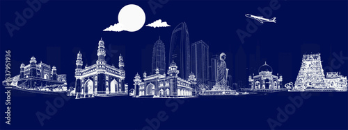 Hyderabad City Skyline Artistic Illustration with Cultural Touch, No Blue Color, Perfect for Travel Blogs, Wall Art, and Cultural Storytelling