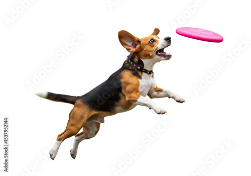 Beagle Dog Catching Pink Flying Disc: Action Shot on white background