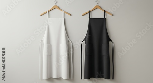 Plain White and Black Aprons Hanging on Wooden Hangers Mockup for Culinary Branding