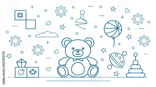 Simple clean vector illustrations of teddy bears, toy blocks, spinning tops, and puzzle pieces outlined with ample white space, perfect for kids’ content, packaging, education, and design projects