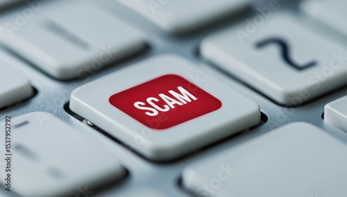 Red 'Scam' button pressed on keyboard, online fraud warning