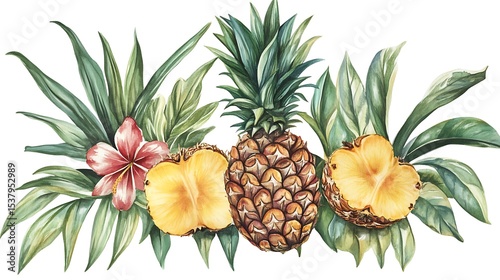 Watercolor Pineapple Composition with Halves, Hibiscus, and Lush Green Leaves Art