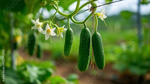fruitful cucumber plant with blur plantation background