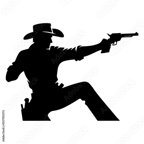 "Western Cowboy Duel Pictogram: Silhouetted Gunfighter with Pistol Ready, Embodying the Rugged Spirit of the Wildwest"