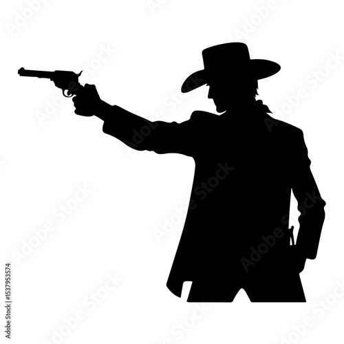 "Western Cowboy Duel Pictogram: Silhouetted Gunfighter with Pistol Ready, Embodying the Rugged Spirit of the Wildwest"