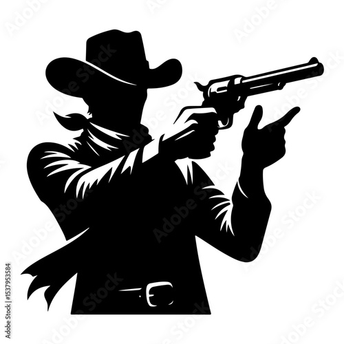 "Shooting Cowboy Vector Silhouette: A Minimal Pictogram Representing Wildwest Action with Gun, Pistol, and Western Charm"