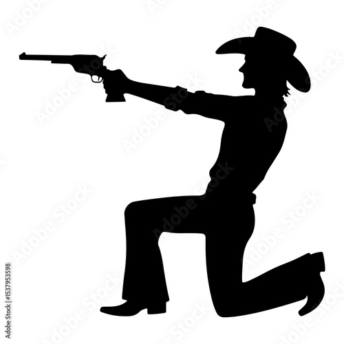 "Wildwest Cowboy Pictogram: Bold Silhouette with Pistol Drawn, Capturing the Essence of Western Gunfights in a Timeless Icon"