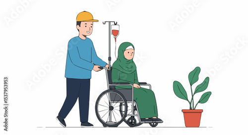 Man Pushing a Muslim Elderly Woman in a Wheelchair with IV Drip