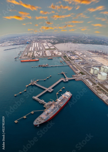 Aerial view of an LNG tanker docked at an offshore terminal with multiple pipelines, storage tanks, and an industrial complex. Captures global energy logistics