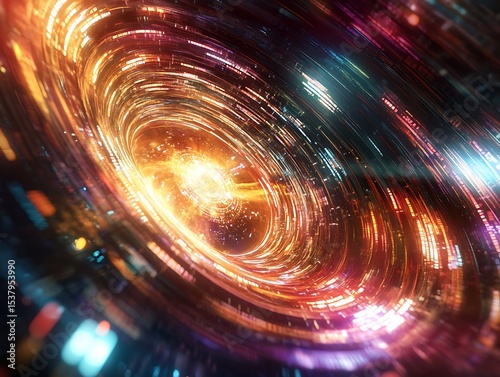 Holographic data streams swirling around a glowing digital core in multicolor brilliance