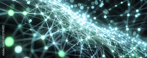 Holographic big data visual interface with radiant white and green nodes in cyberspace