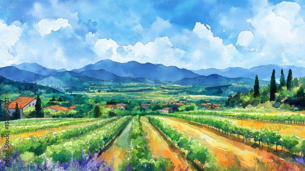Fototapeta premium watercolor painting illustration, new grow vineyard plantation, beautiful rural countryside with farmland plantation under blue sky and mountains