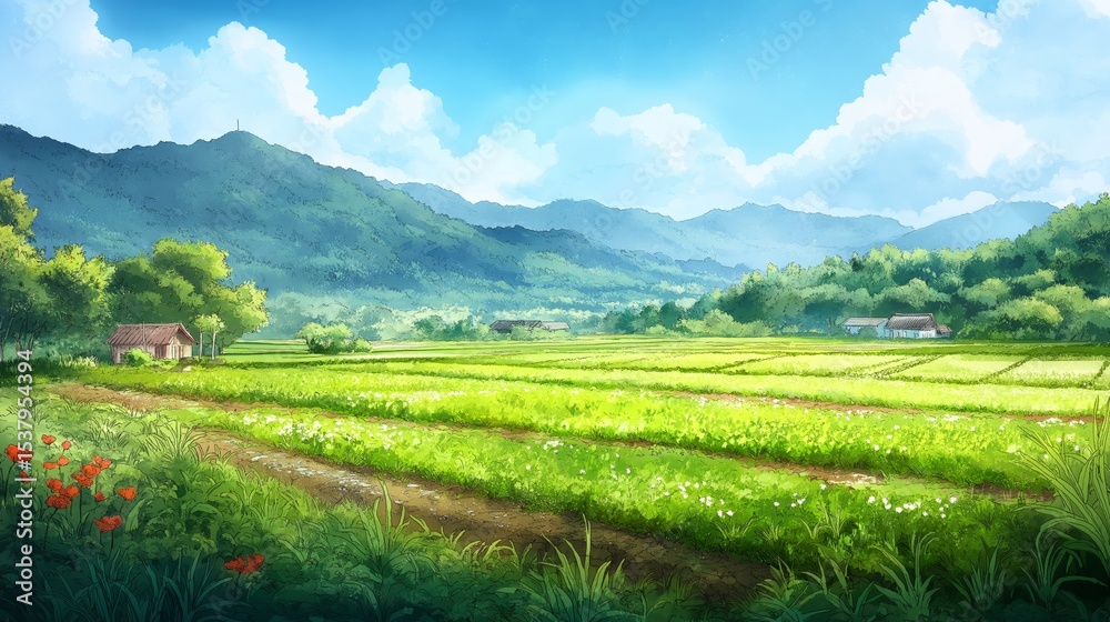 Fototapeta premium watercolor painting illustration, green vegetable field, beautiful rural countryside with farmland plantation under blue sky and mountains