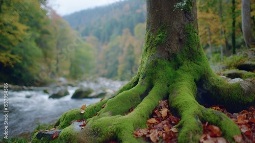 big tree trunk with root covered with moss at river shore in nature park 
