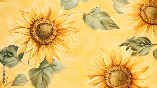 Yellow Sunflower Blossom Oil Painting Style Background, Floral Pattern, Leaves Art