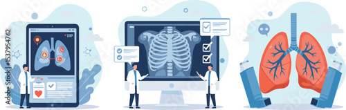 Lung health diagnosis, X-ray examination, and asthma treatment concept with doctors analyzing respiratory system through medical technology and inhalers