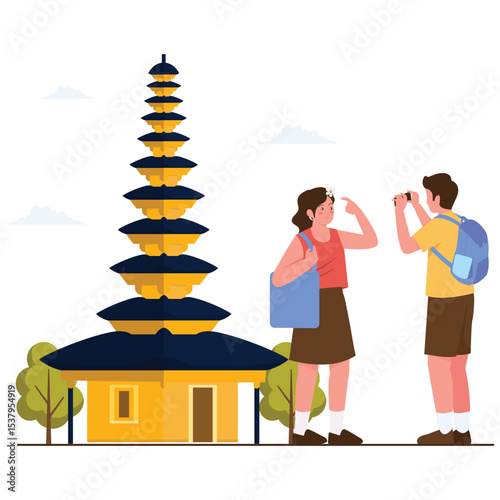 Tourist Travel Illustration. Vector illustration of Tourists explore and take photos in front of a traditional Balinese temple. Isolated on background