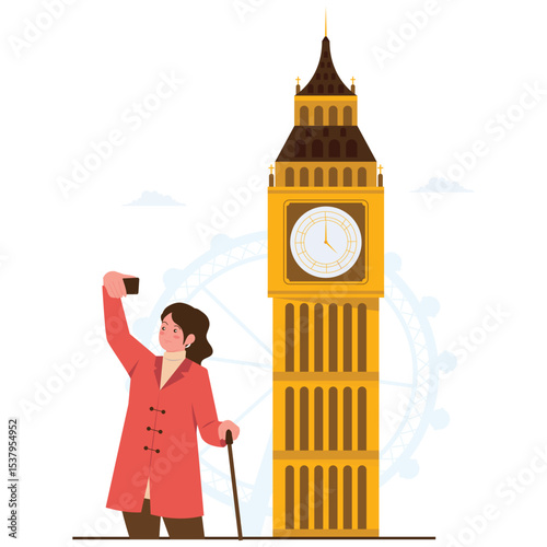 Tourist Travel Illustration. Vector illustration of A tourist takes a selfie in front of the iconic Big Ben in London. Isolated on background