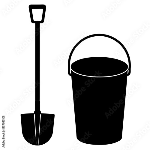 Bold silhouette of a bucket and spade for summer decoration designs, print crafts, and vacation flyers.