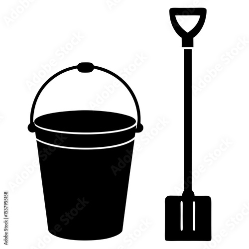 Minimalist summer toy bucket and spade silhouette illustration for kids’ party designs and sunny vacation visuals.