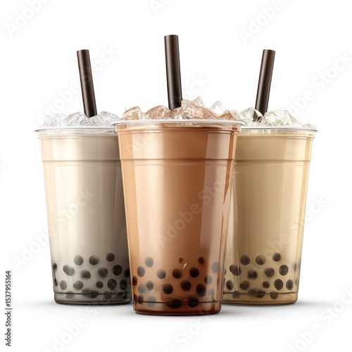 Set of bubble milk tea in clear cups, featuring ice and foam, ideal for branding and promotion.