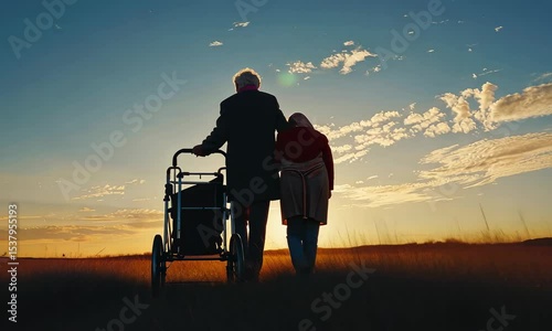 Elderly couple supporting senior with mobility aid, golden hour