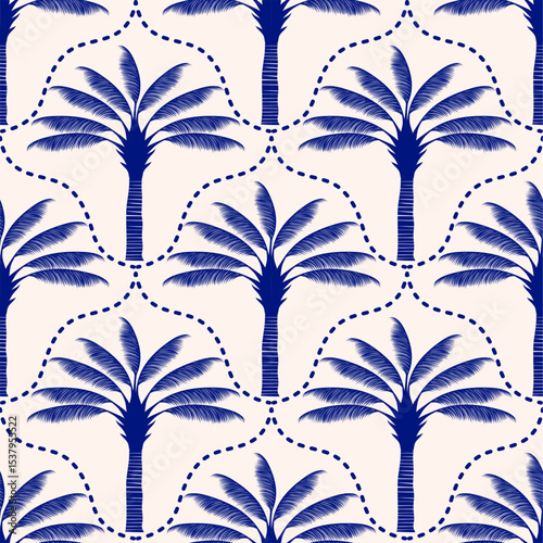 Seamless palm tree pattern featuring tropical botanical elements. This design is perfect for summer.	