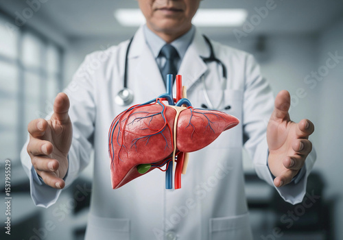 Doctor holding a 3D digital liver model representing healthcare, liver health, and anatomy. Perfect for use in medical education, hepatology, and liver disease awareness campaigns.