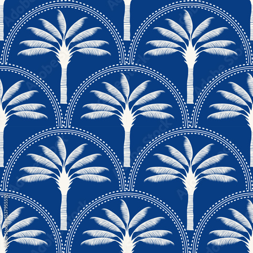 Seamless palm tree pattern featuring tropical botanical elements. This design is perfect for summer.	