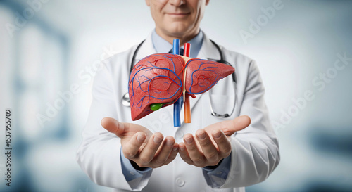 Doctor holding a 3D digital liver model representing healthcare, liver health, and anatomy. Perfect for use in medical education, hepatology, and liver disease awareness campaigns.